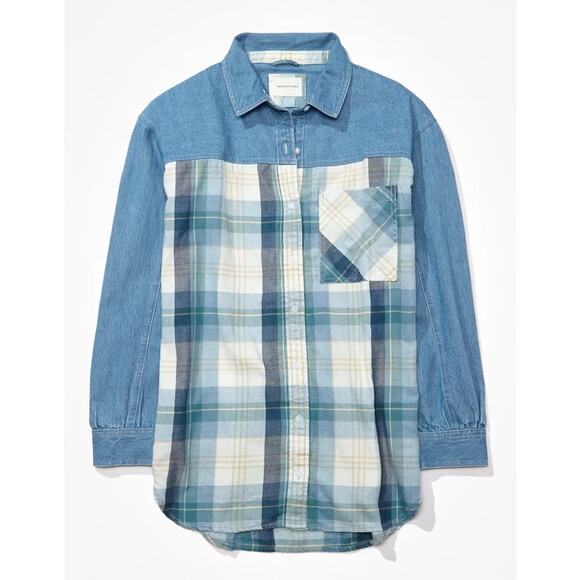 American Eagle Blue Chambray Plaid Oversized Button‎ Down Top Shirt Size Small - Picture 1 of 12